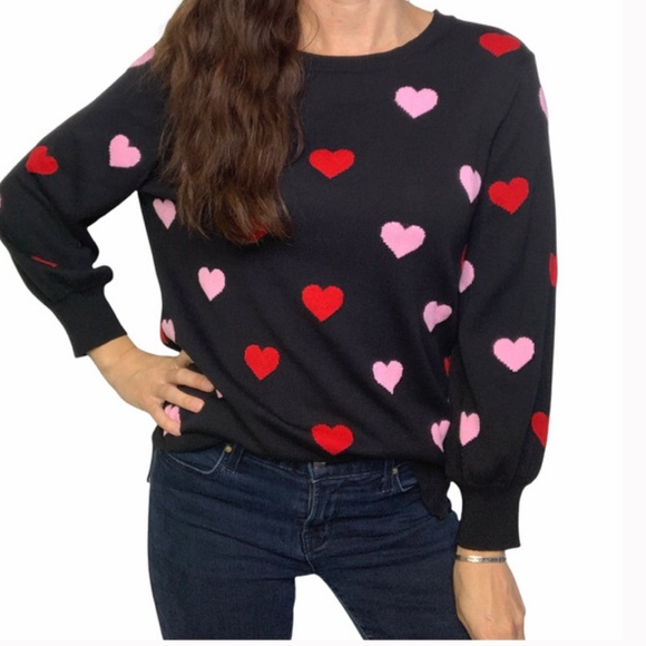 Adrianna Papell | Sweaters | Adrianna Papell Sweater Black Hearts Pink Red  Crew Neck Stretch | Poshmark